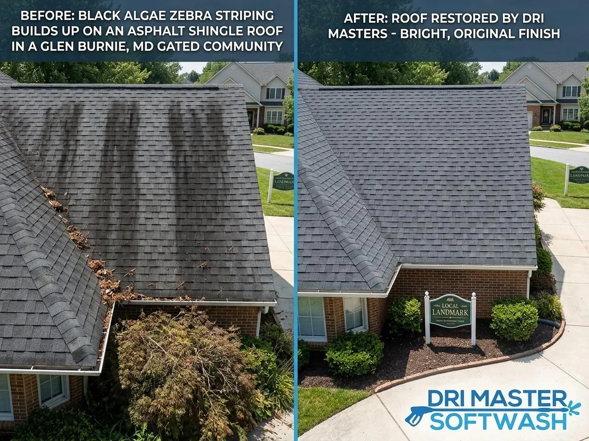 Split image of a roof before and after cleaning; left side shows stains, right side is clean and restored.