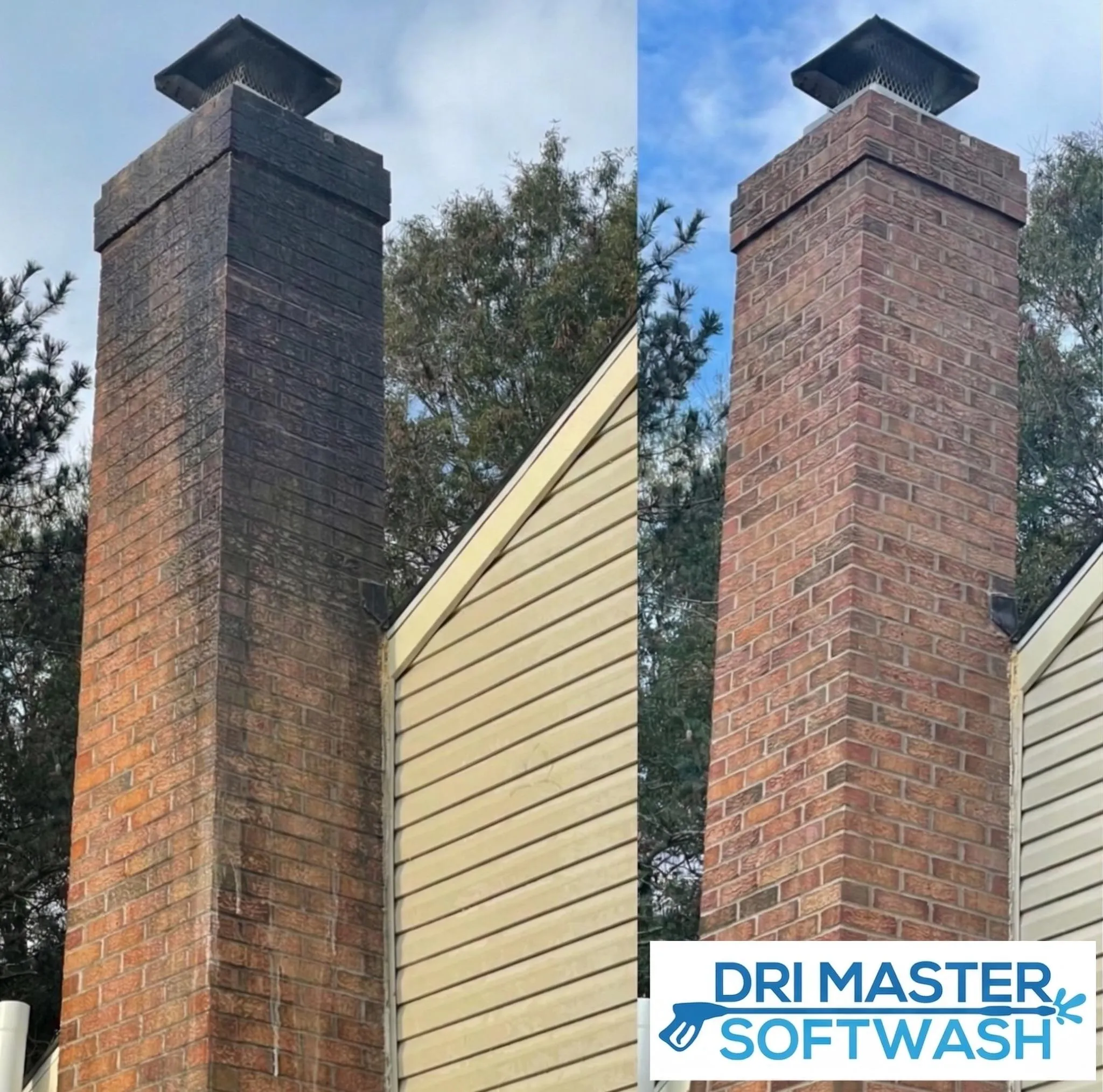 Side-by-side of a chimney before and after cleaning, with “DRI MASTER SOFTWASH” logo at bottom right.